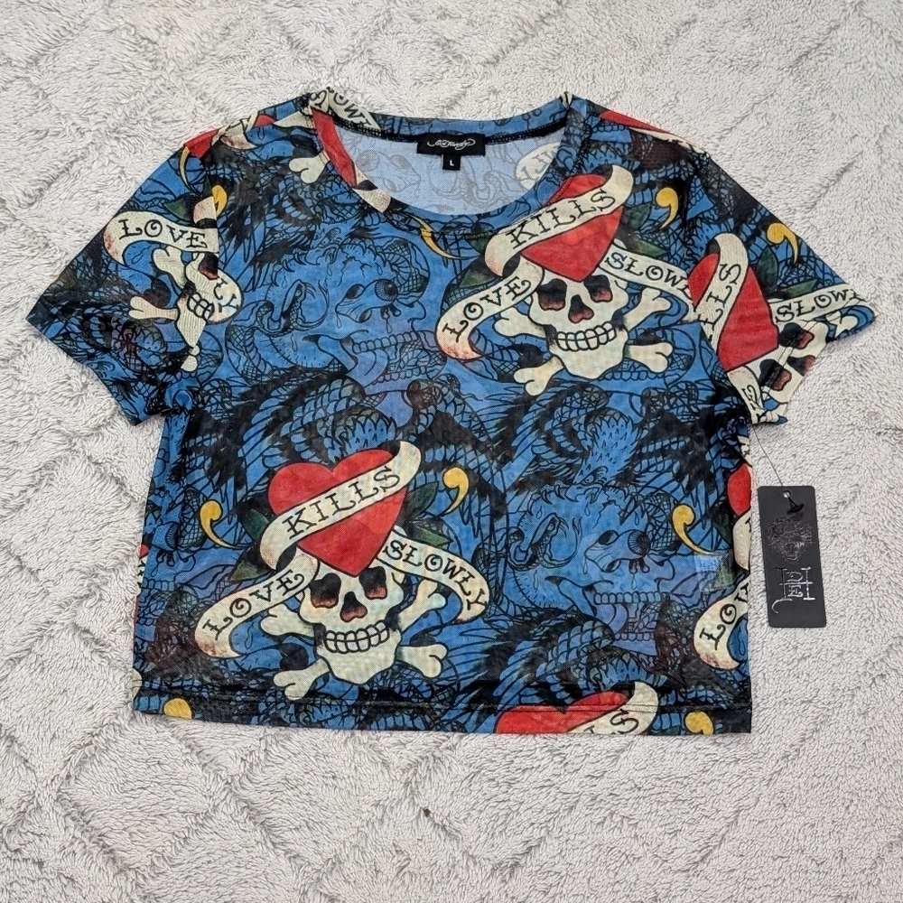 Ed Hardy Shirt Womens L Blue Jewel Mesh Layered LKS Skull Baby Tee Sheer
